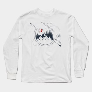 Abstract Forest Mountains, Red Moon, Black Design Long Sleeve T-Shirt